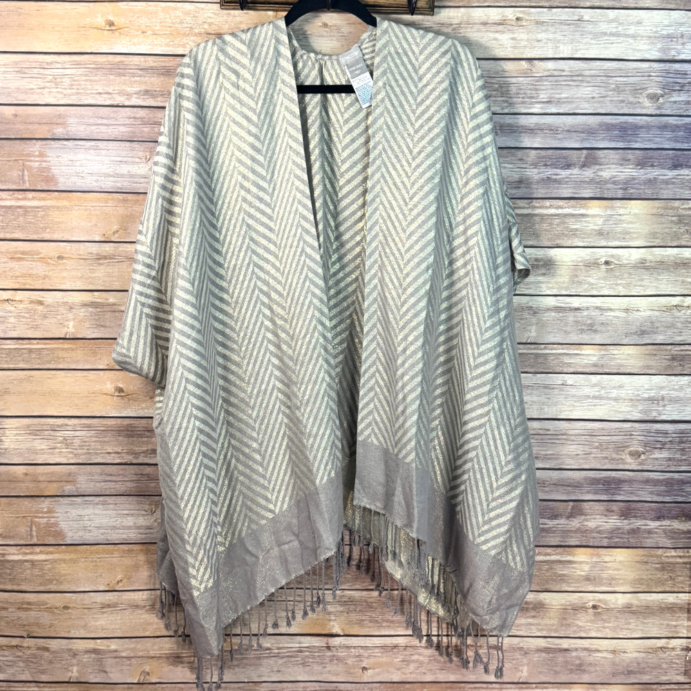Chicos Wmens Tan & Metallic Gold Chevron Print Ruana Wrap with Fringed Hem OS